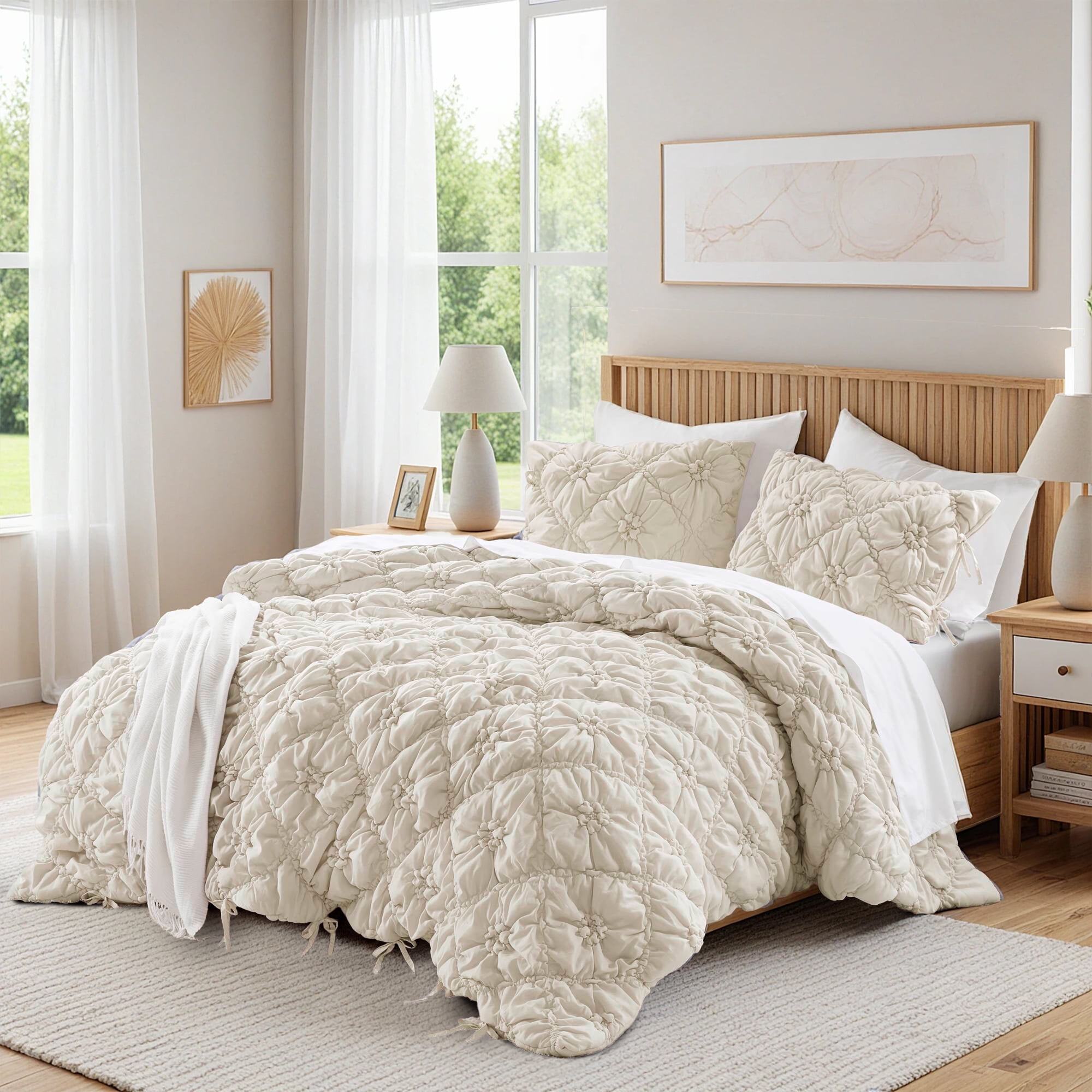 Regency Heights Full/Queen Textured Floral Comforter Set, Puffy Bow Tie Dorm Bedding Sets, 3-Piece Ivory Elastic Ruching Comforter Bed Set with Sham for All Season