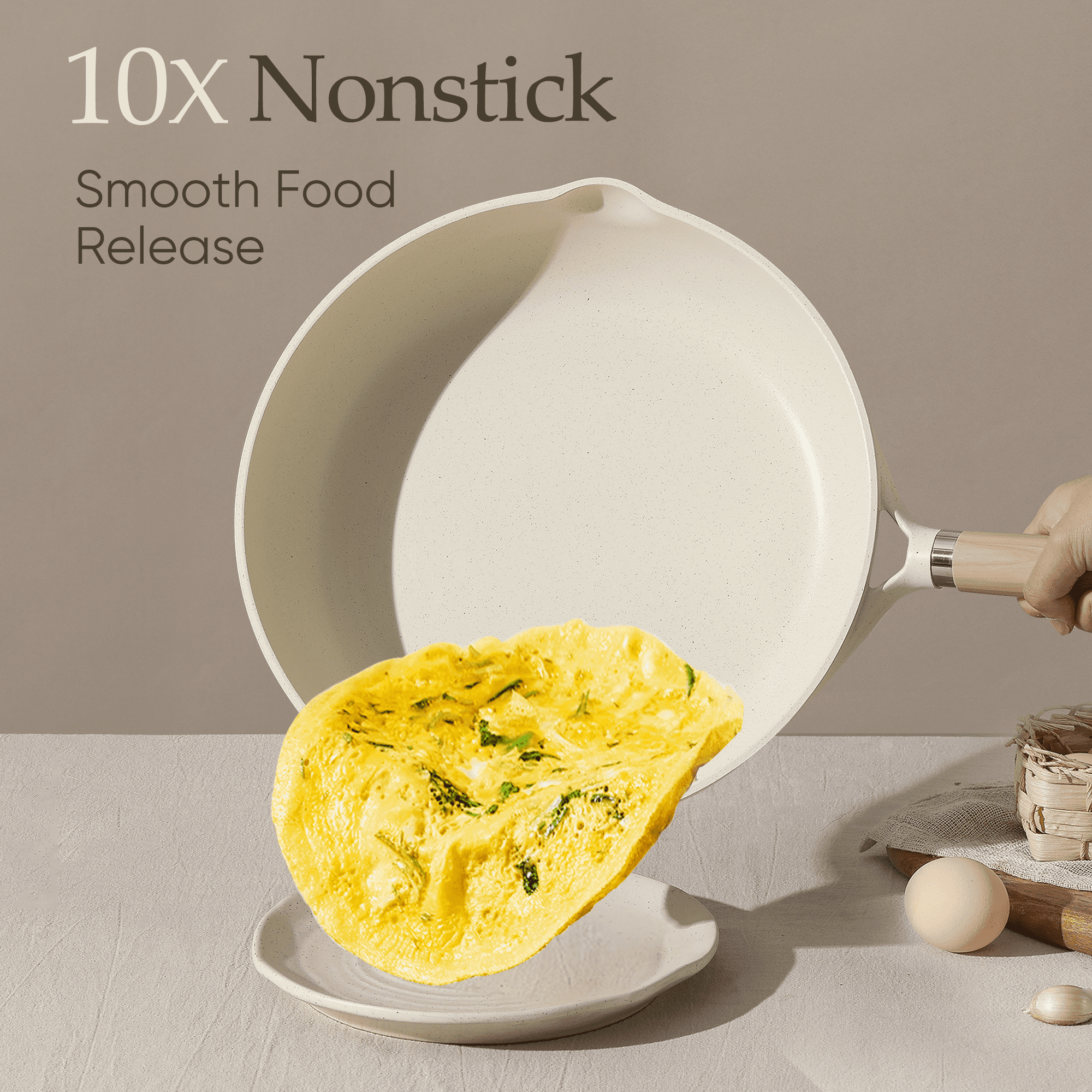 (3 pack) Carote Nonstick Frying Pan 9.5" Skillet With Induction, Egg Omelet Pan Non-Stick Chef's Pan Compatible for All Stoves, Bon Appetit, White Granite