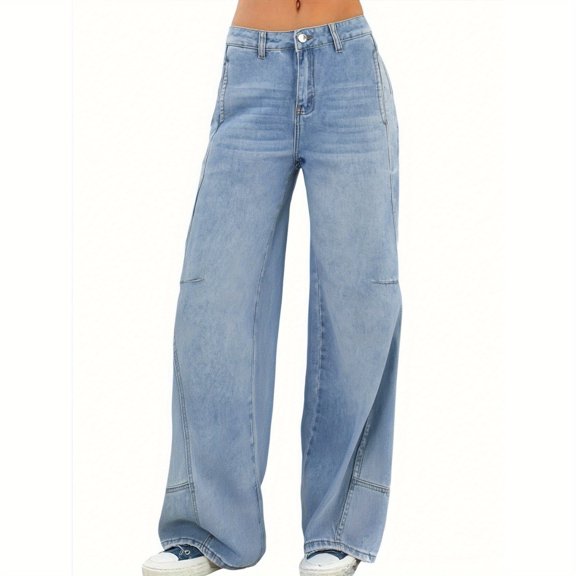 Light Blue Women'S Straight Leg Jeans, Casual Loose Jeans With Pockets, Essential Jeans For Daily Outdoor Travel