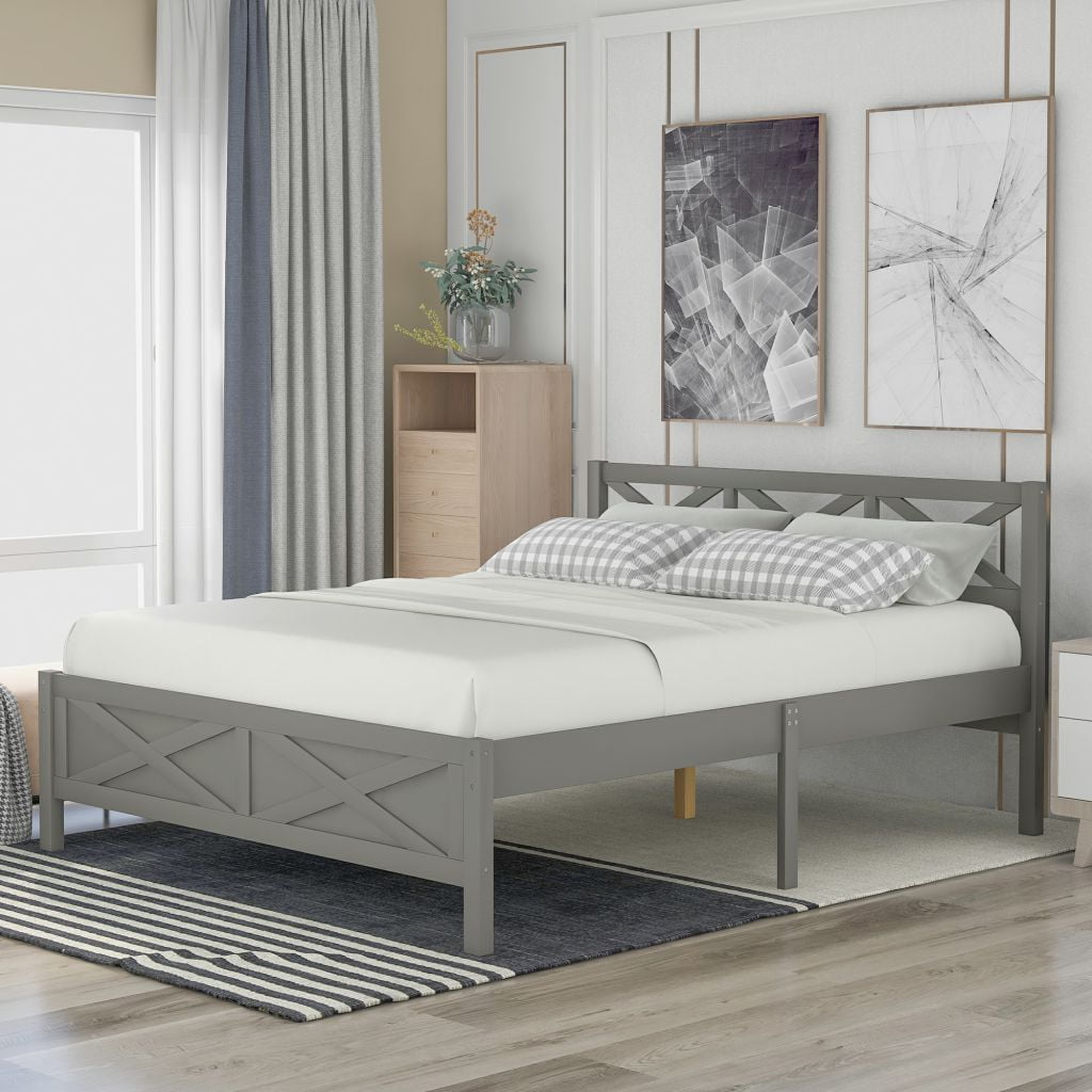 Full Size Wooden Platform Bed with Extra Support Legs and Xshaped