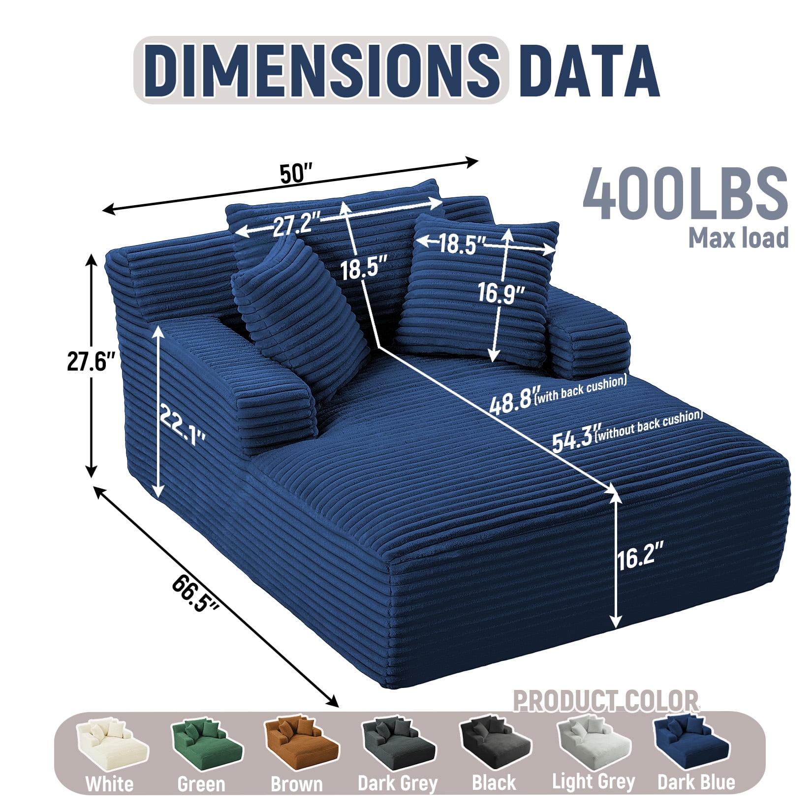Chaise Lounge Chair Indoor, 50'' Upholstered Sofa Bed with 2 Throw Pillows, Comfy Lounge Indoor, Sleeper Reading Chair, Oversized Recliner Sofa, Fluffy Couch (Blue)