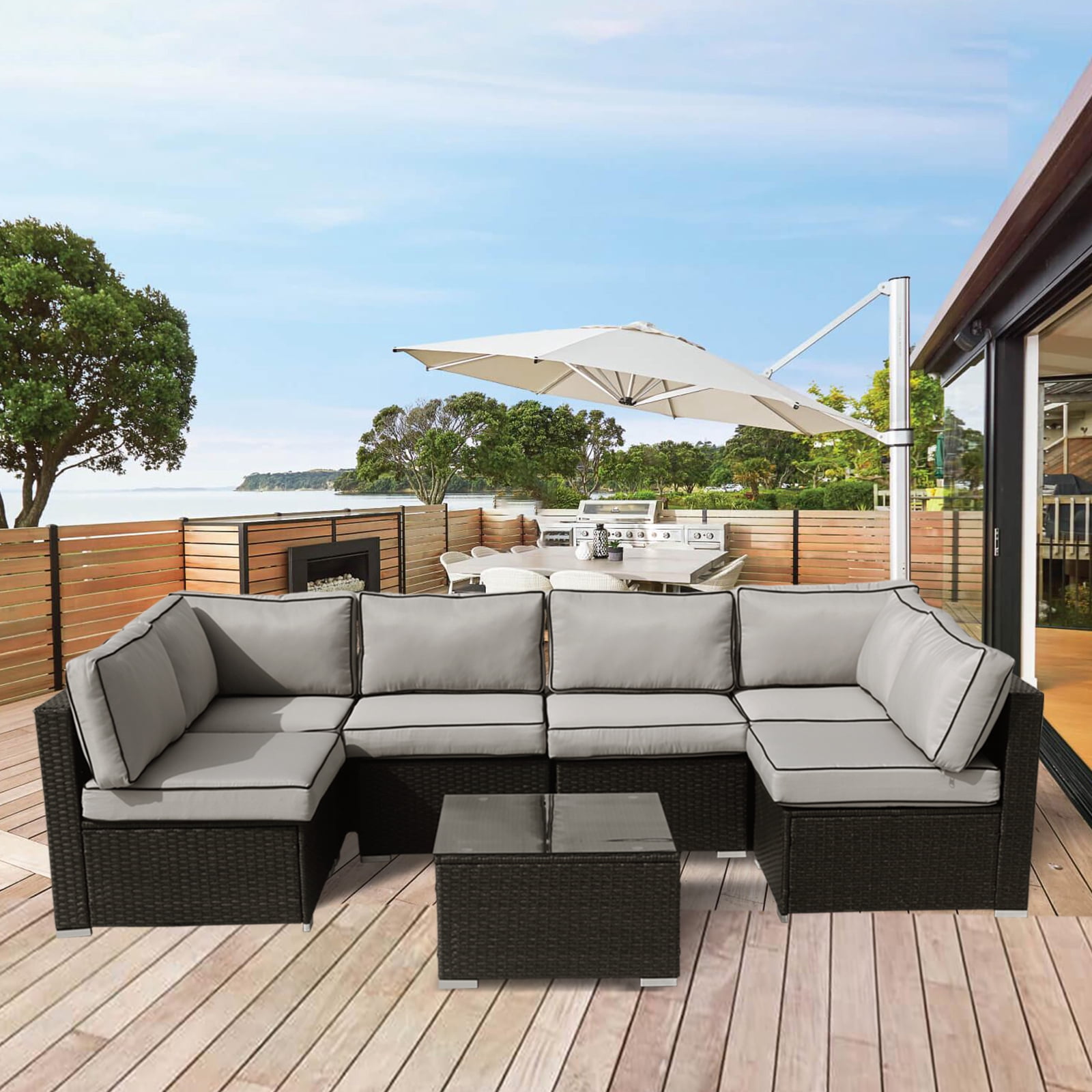 FKS LIFE Outdoor Replacement Cushions for Patio Furniture, Water-Resistant Sofa Cushion for 6-Seat Rattan Wicker Sectional Patio Conversation Sets, 14-Piece Cushions Set for Outdoor