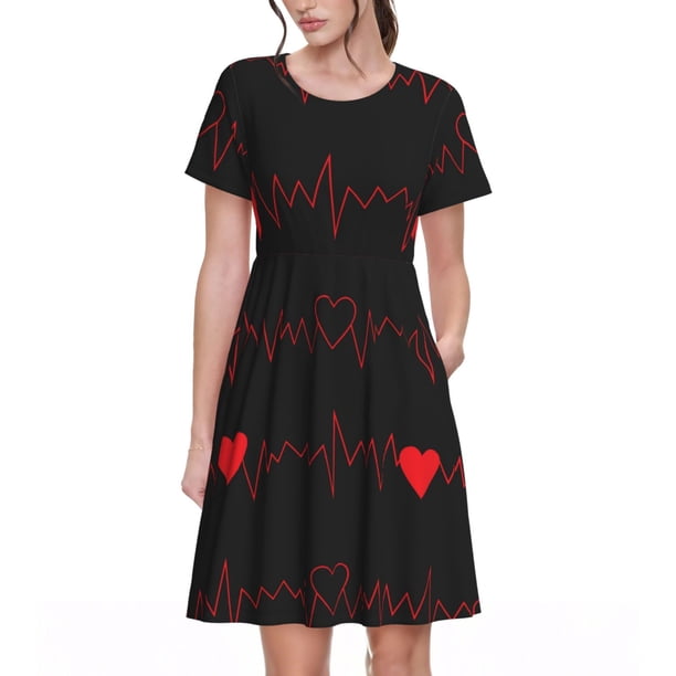 Disketp Cardiogram and Heart para Vestido de Manga Corta para Mujeres, Vestidos de Verano para Mujeres, Casual y Holgado para la Playa
