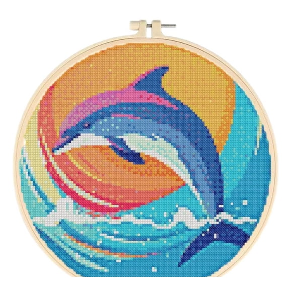 Dolphin Easy Cross Stitch Kits for Starter Kits DIY 11CT Pre-printed Stamped Patterns Embroidery Cross Stitching Needlework Kit Set Supplies with Hoop 38x38cm (A53)