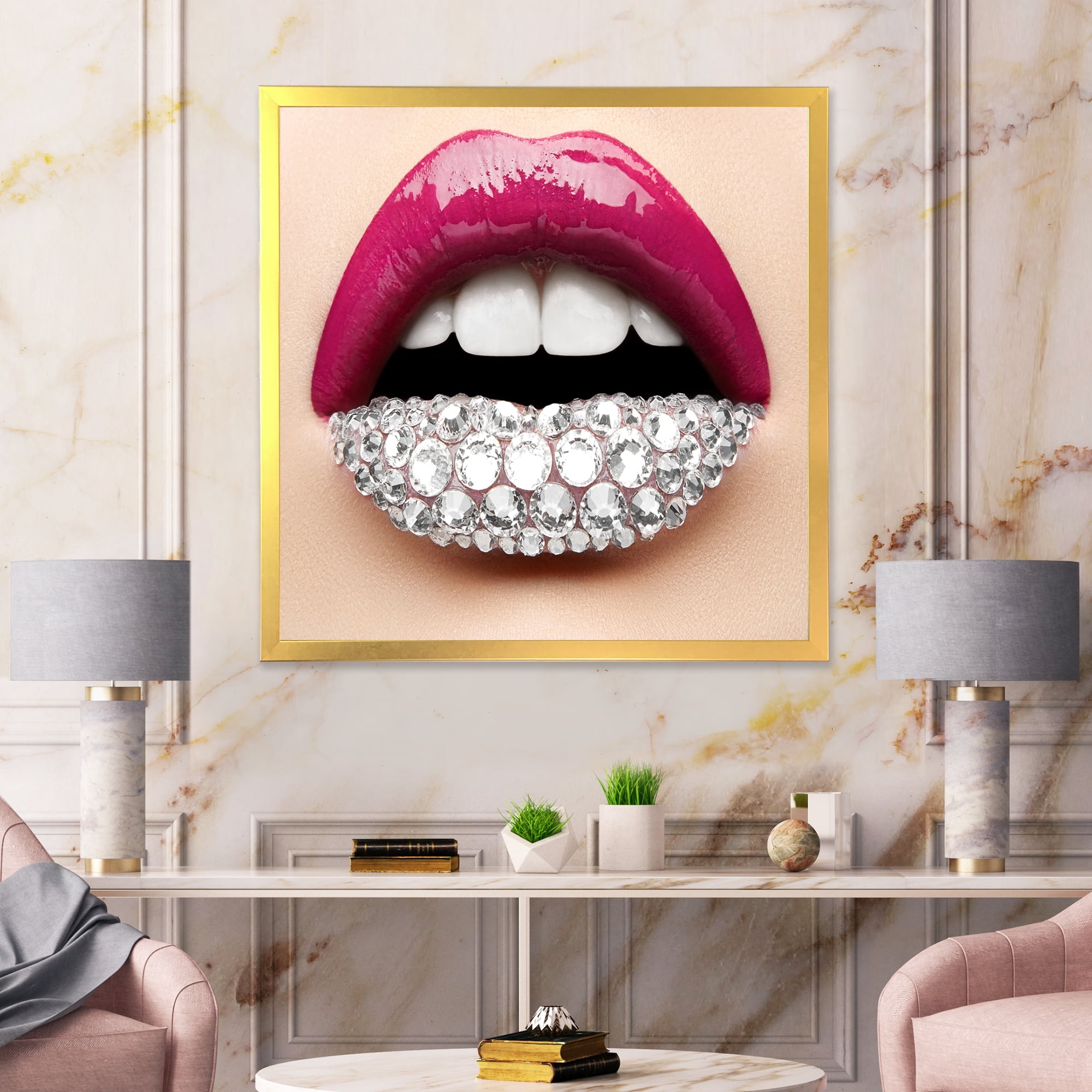Designart 'Girl Lips With Pink Lipstick White Diamonds' Modern Framed Art Print