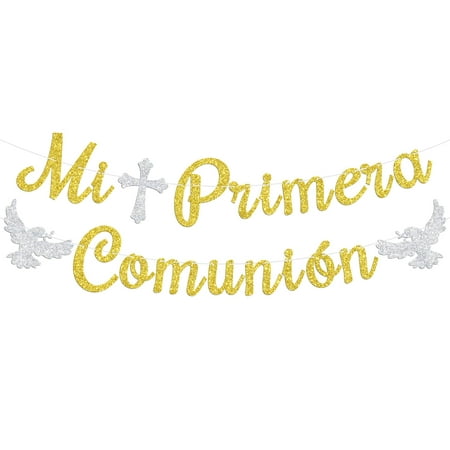 Mi Primera Comunion Banner, Spanish First Holy Communion, 1st Birthday, Christening Baptism Baby Shower Party Decorations Supplies, Gold Glitter
