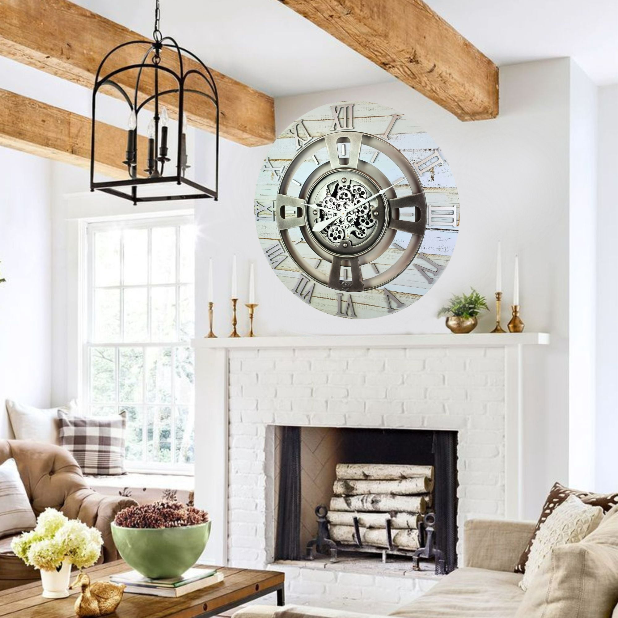 THE GEARS CLOCK Wall Clock with Real Moving Gears EN-LI_ 24 in Round Desert-Beige