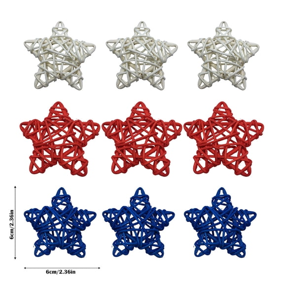 Independence Day Woven Rattan Star Decorations Red White Blue Patriotic Five-Pointed Stars 9-Pack Set for Fourth of July