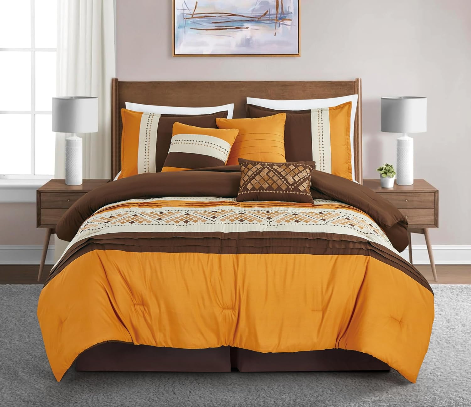 Chezmoi Collection Maple 7-Piece Orange Brown Geometric Embroidery Pleated Striped Comforter Bedding Set, King Size