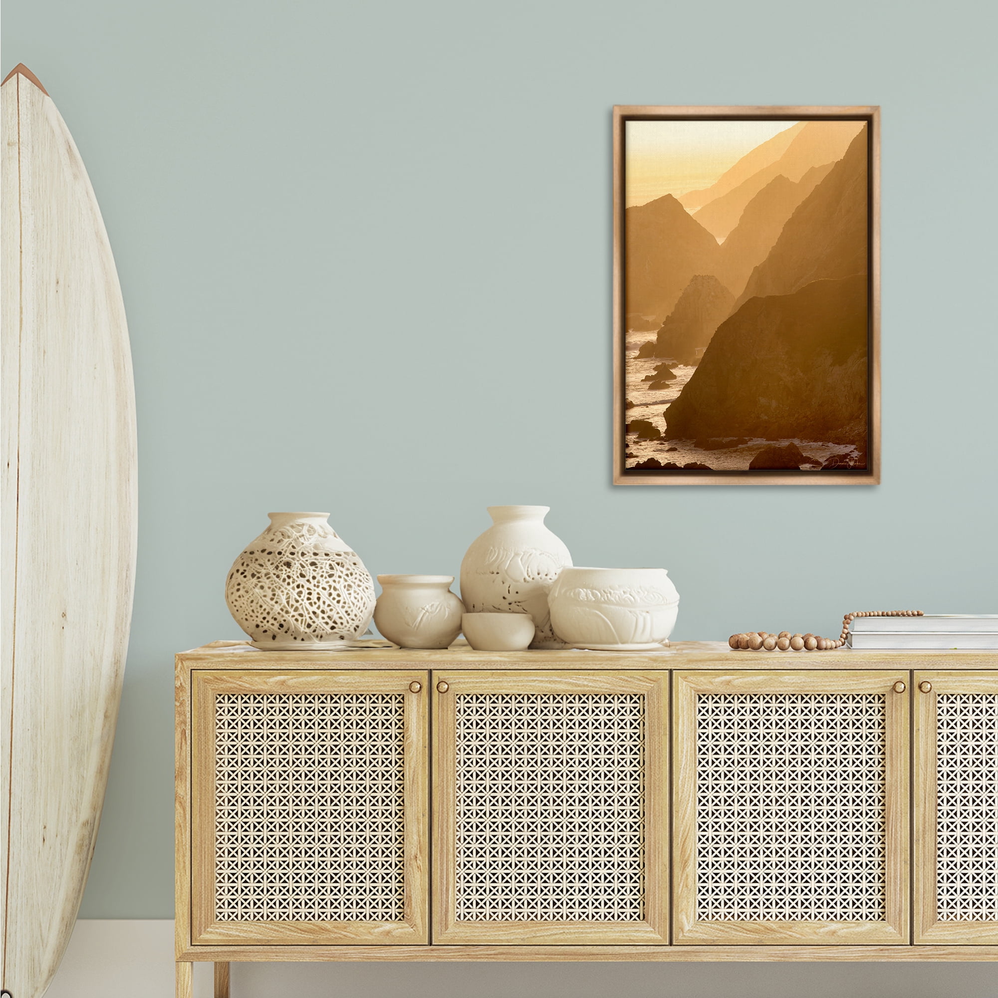 Stupell Industries Rocky Cliffs by Beach Landscape Photography Brown Floater Framed Canvas Art Print Wall Art, 21 x 31