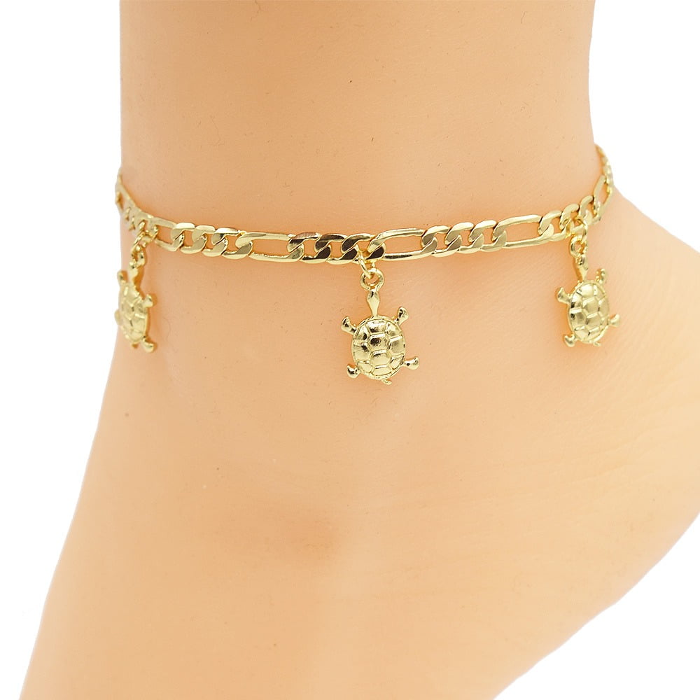 Women's Girls 18k Layered Real Gold Plated Figaro Link Turtles Anklet Bracelet With 10'