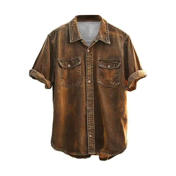 Mens Shirts Short Sleeve, Casual Denim Shirts for Men Washed Old Button Rolled Sleeve Blouse Two Pockets Summer Outdoor Street Distressed Tops