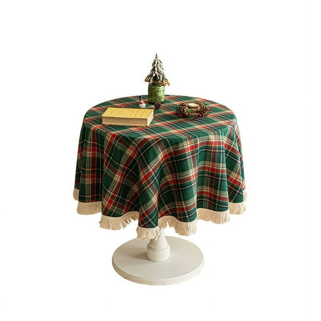 Nvzi Mantel redondo navideño a cuadros de 59 pulgadas, resistente para mesa de invierno, fiestas y festividades, color verde