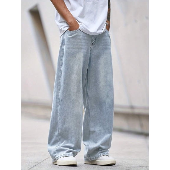 Men's Wide Leg Jeans Loose Fit Straight Washed Denim Pants Button Front Mid Rise with Pockets Trendy Streetwear for Casual Everyday & Going Out