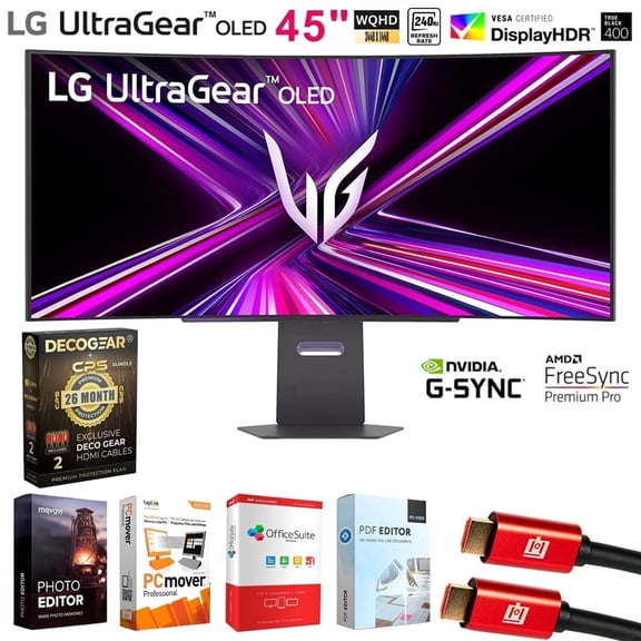 LG 45GX900A-B 45 Inch UltraGear OLED WQHD 240Hz 0.03ms G-Sync Curved Gaming Monitor Bundle with Elite Suite 18, 2x HDMI Cable and Deco Gear CPS Exclusive 26 Month Protection Pack (BEACH-CPS-26M1000)