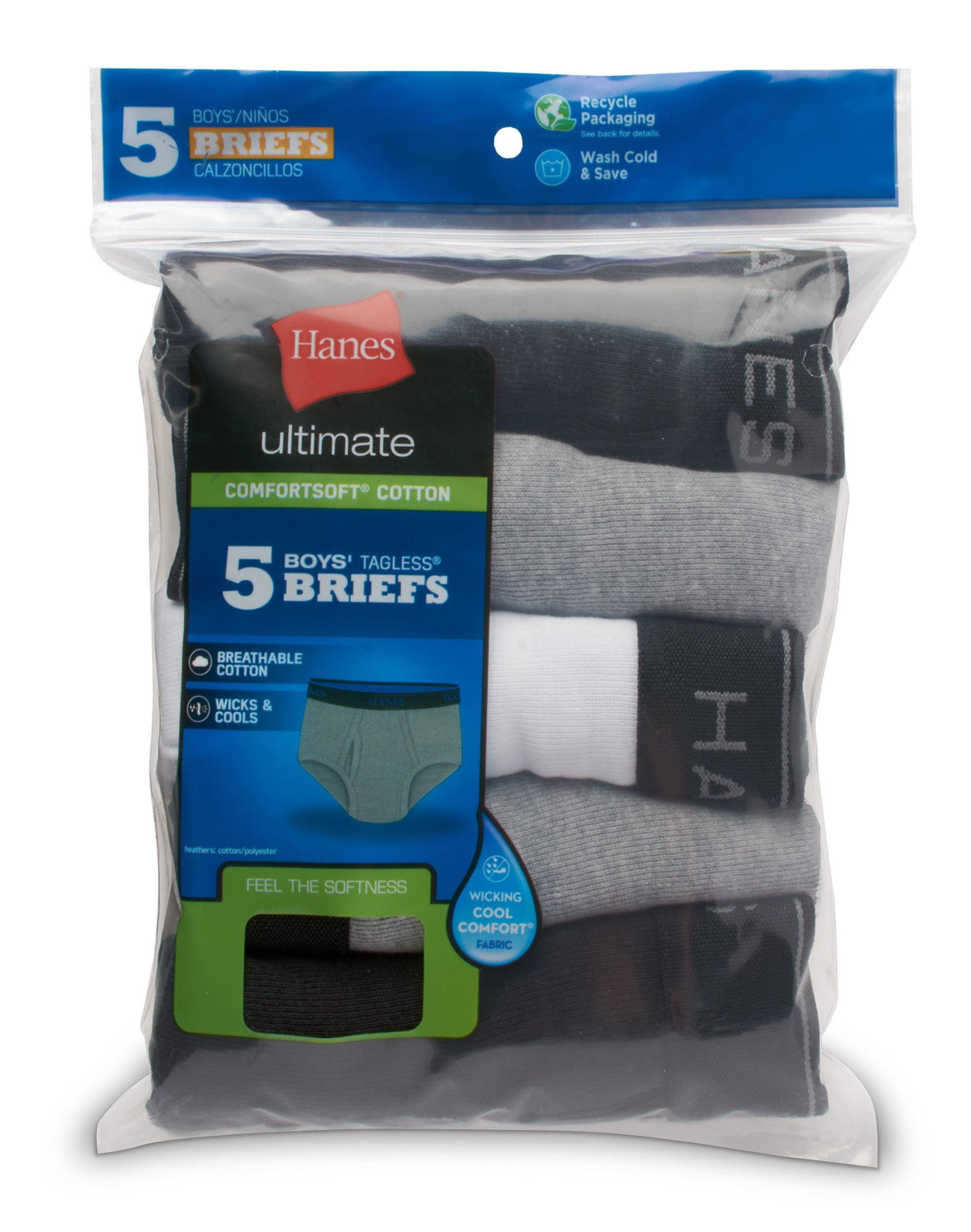 Hanes Ultimate® Boys' Dyed Briefs With Comfortsoft® Waistband 5-Pack BU39B5 - Assorted - L