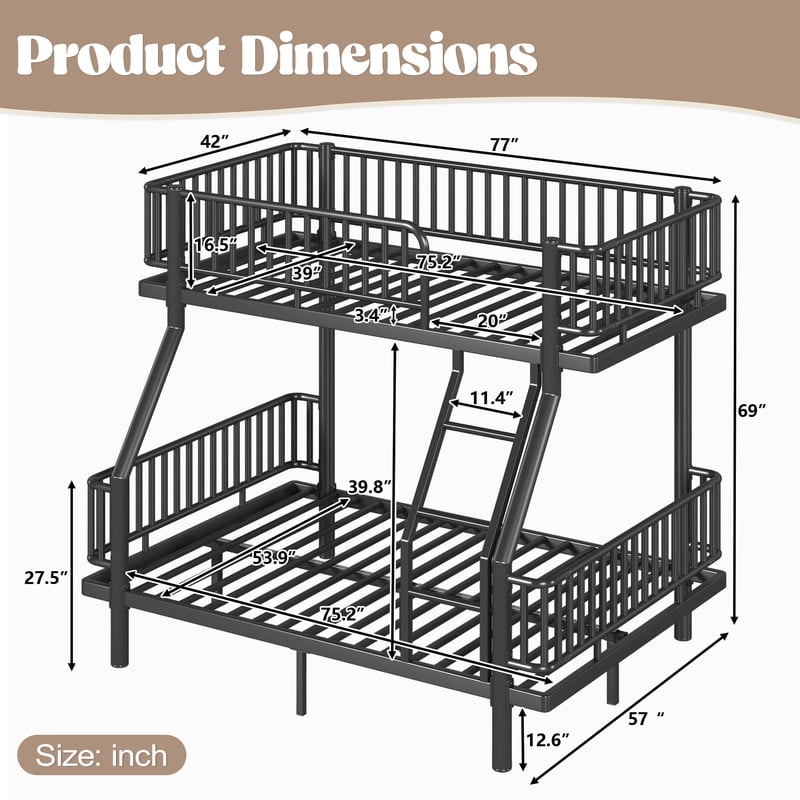 Twin-over-Full Teens Bunk Bed Can Transformed into 2 Platform Beds, Metal Kids Bed Frame with Round-Pipe, Ladder & Guardrails