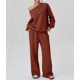 thumbnail image 6 of Women'S 2 Piece Outfits Off the Shoulder Crop Top Wide Leg Sweatpants Matching Lounge Sets Reddish-Brown XXL, 6 of 8