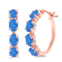 Gem Stone King 18K Rose Gold Plated Silver Hoop Earrings Set with Fancy Blue Zirconia
