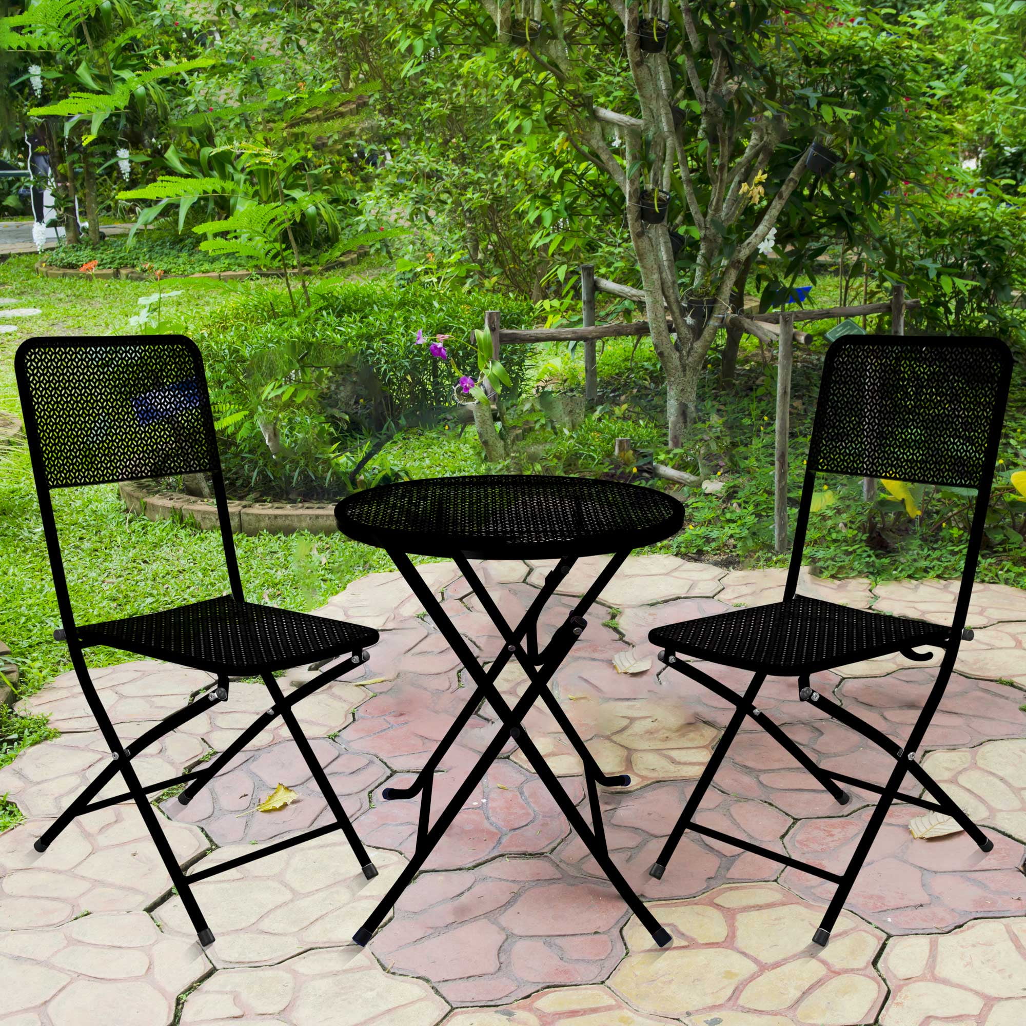 3 Pieces Foldable Steel Metal Frame Patio Table and Chair Set, Outdoor