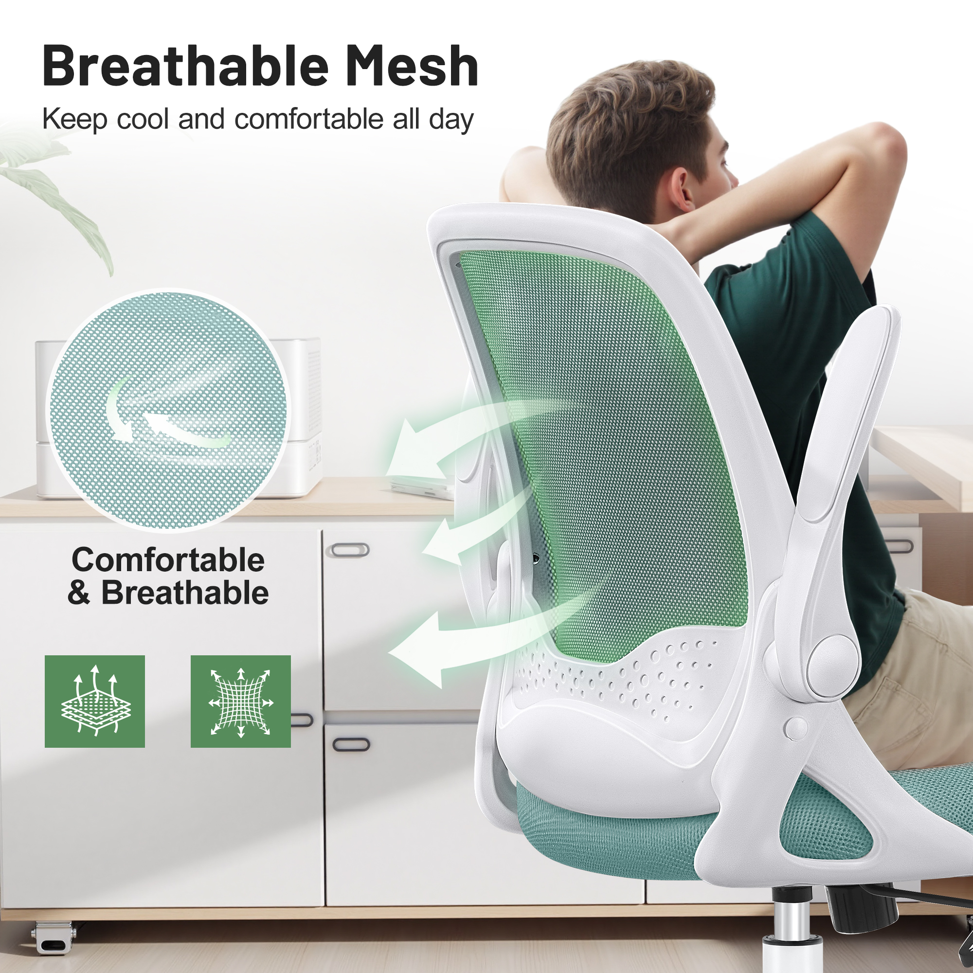 ATHOPE Office Chair, Ergonomic Desk Chair with Lumbar Support Adjustable Height Swivel Wheels Flip-up Arms Mesh Computer Gaming Chair for Home Office, Green