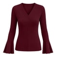 thumbnail image 7 of CQONEPT Womens Ribbed Knit Bell Sleeve Tops Plain Slim Fit V Neck Blouses Dressy Casual Going Out Shirt Tees Daily Wear Work Office Fall Outfits S, 7 of 7