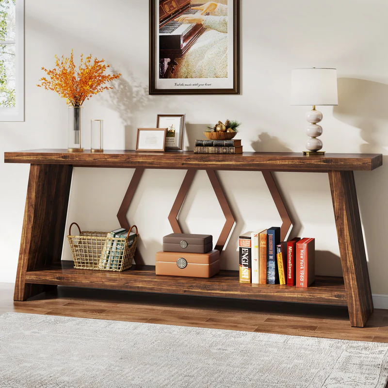 MAYEERTY 70.86" Extra Long 2-Tier Console Table, Rustic Sofa Table with Metal Frame
