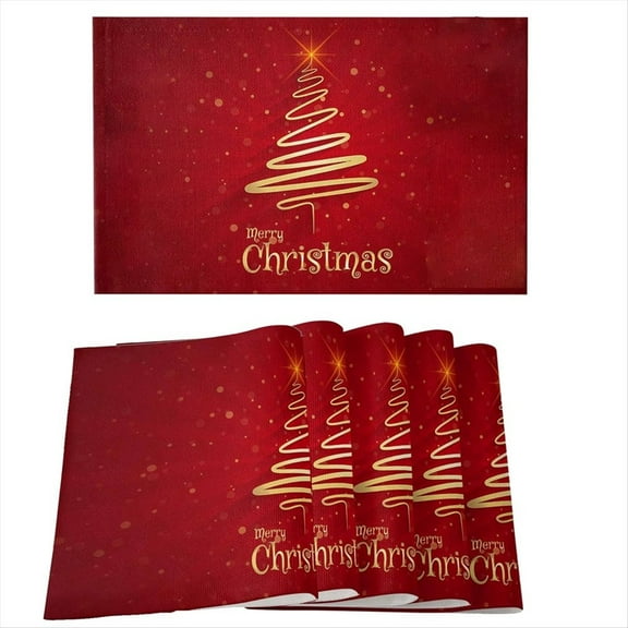 Merry Christmas Tree Placemats Set of 6,Non-/Wipe Clean Linen Dining Table Mat Set,Heat-Resistant Table Liner,6 x placemats,Red