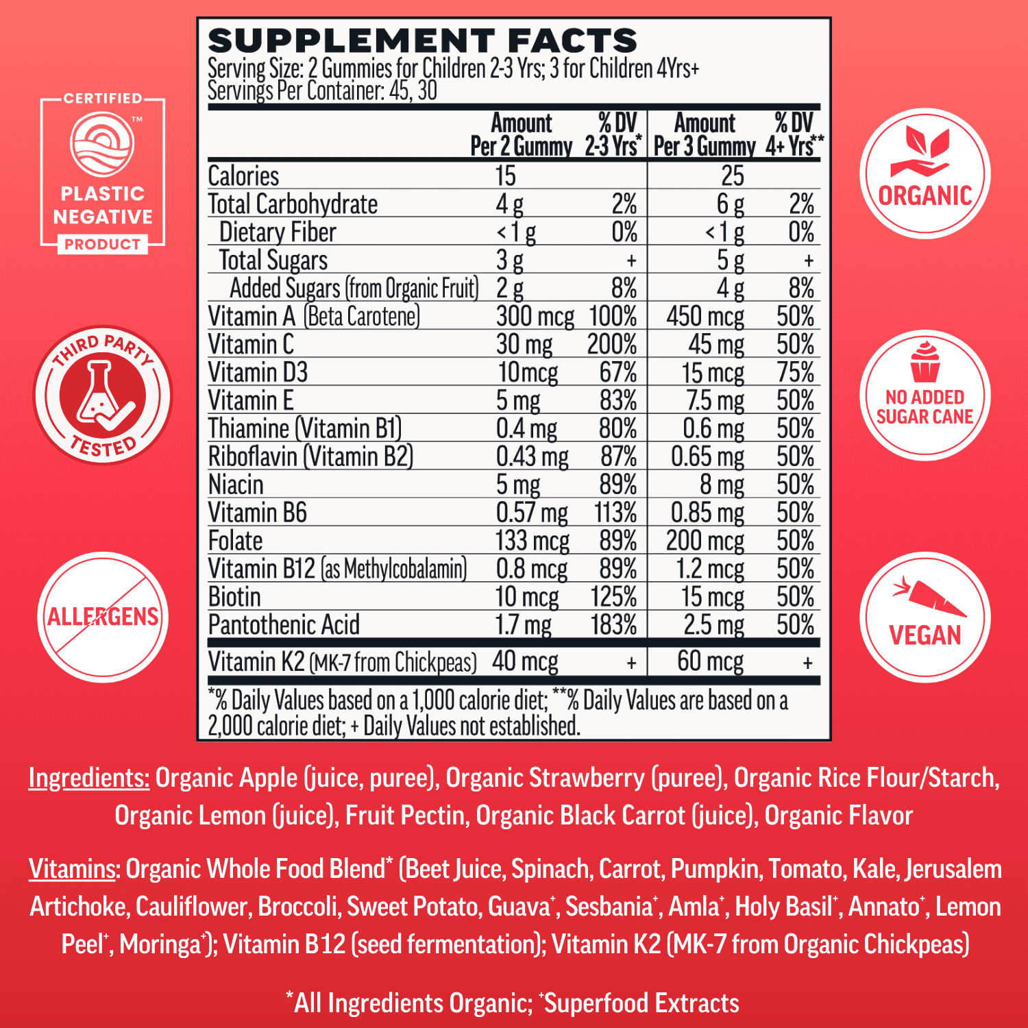 Llama Naturals Kids Multivitamin Gummies, Vegan, Organic with Vitamin D, C & K, Toddler Real Fruit Gummy Vitamins, Chewable Supplement, Whole Food Multivitamin, No Added Sugar Cane, Strawberry, 90 Ct