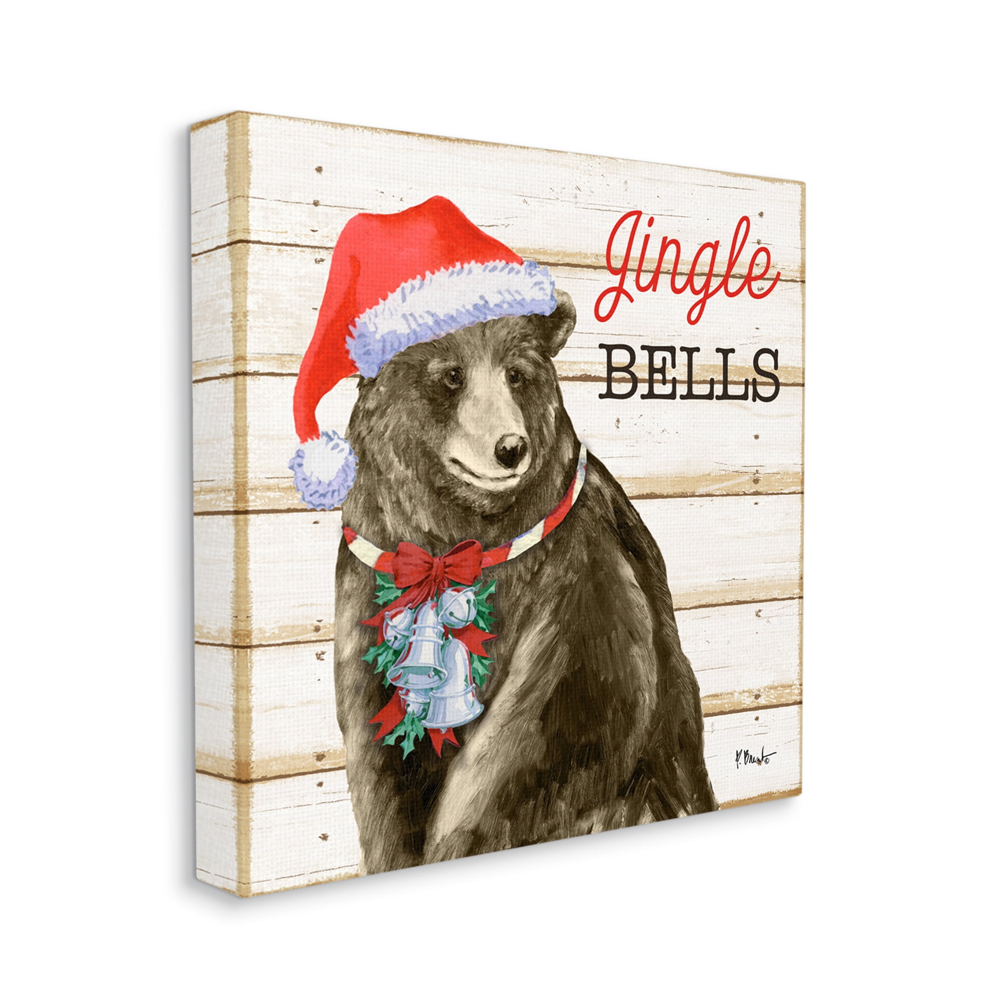 Stupell Industries Rustic Jingle Bells Bear Holiday Painting Gallery Wrapped Canvas Print Wall Art, 17 x 17