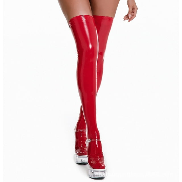 Bas Brillants à l'Huile pour Femmes Bas en Latex PVC Chaussettes Longues Sexy Fétiches Mi-Hautes Costumes de Cosplay pour Club avec Robe Rouge TTTG