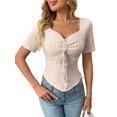 thumbnail image 3 of Women'S Solid Color Casual Short Sleeves Pullover Slim Pleated Short Top Comfort Drawstring Tops Apricot M, 3 of 9