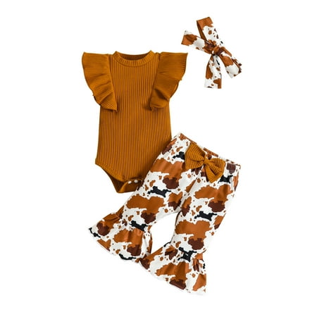 

Toddler Outfit Sets For Teens Girls Fly Sleeve Ribbed Romper Bodysuit Leopard Prints Bell Bottoms Pants Headbands Kids Clothes Suit