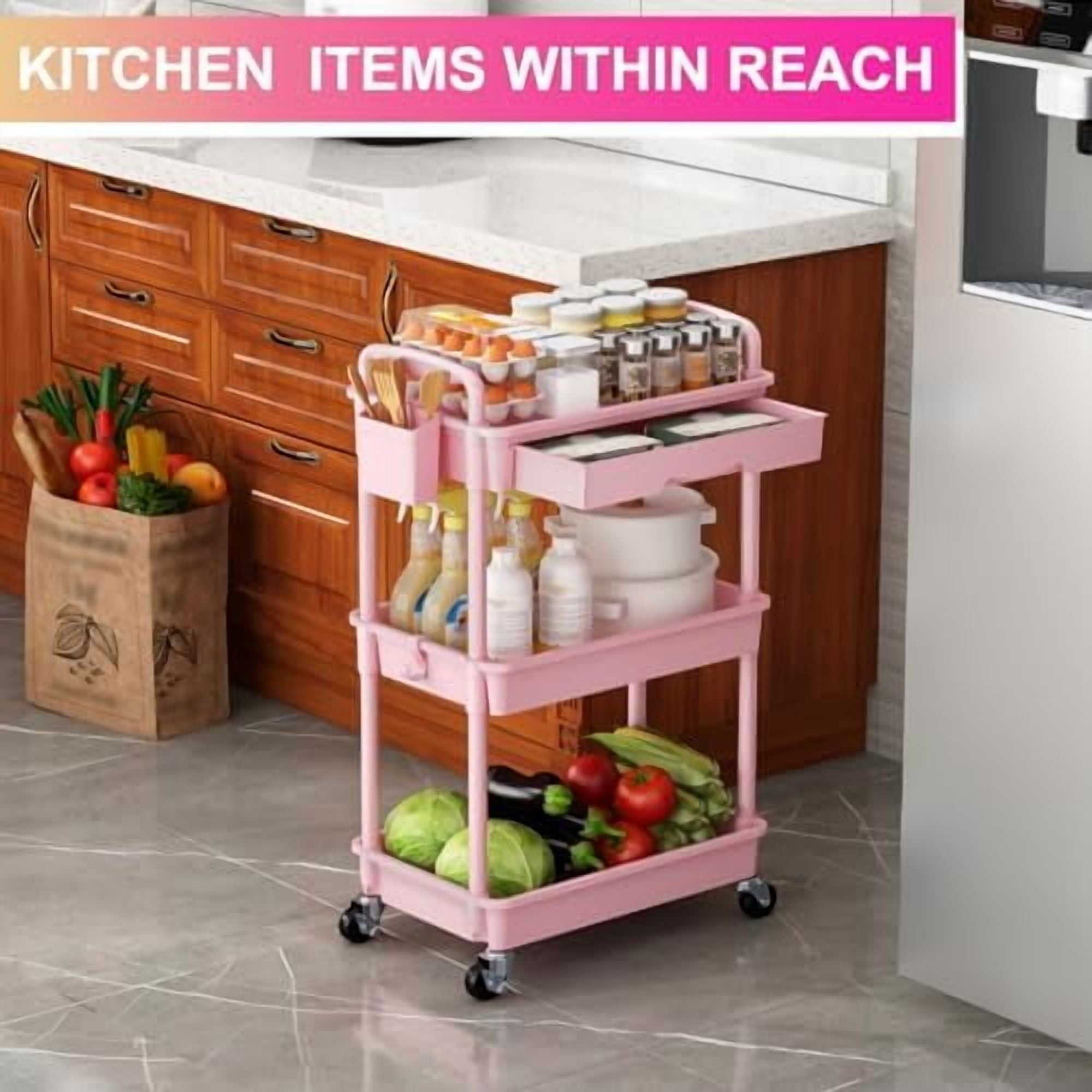 3 Tier Rolling Utility Cart Organizer with Removable Drawer, Stable and Sturdy Pink Rolling Storage Carts with 2 Lockable Wheels for Bathroom, Kitchen, Snack, Craft, Makeup, Baby Essentials