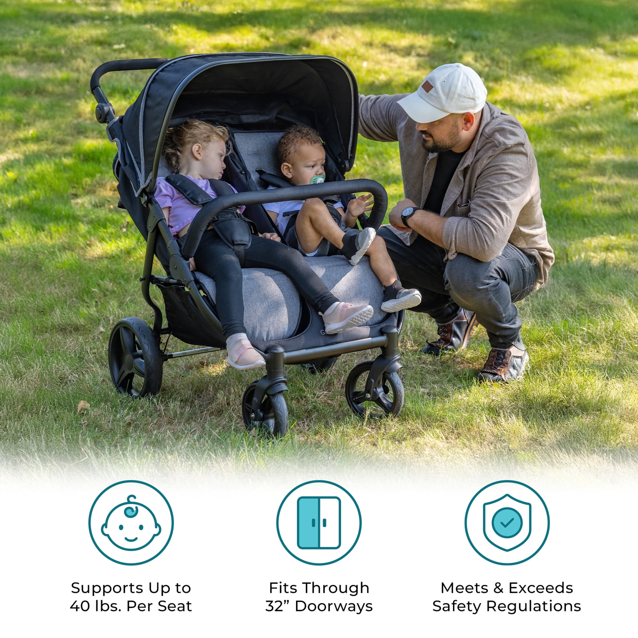 Foundations Gaggle Roadster Duo Side-by-Side Double Lightweight Stroller, Reclining Seats with Canopy, Black