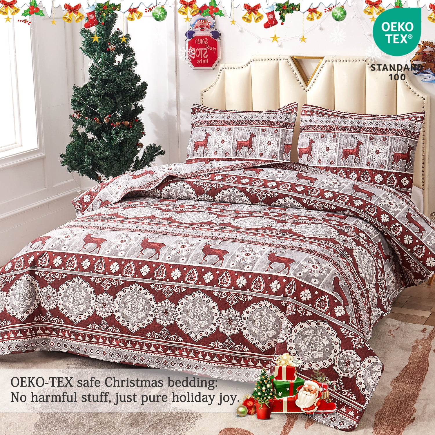 Jessy Home Christmas Quilt Set Queen/Full Size Rustic Holiday Bedding Set Red Moose Cabin Lodge Quilt Lightweight Soft Microfiber Xmas Bedspread Coverlet Christmas Gift with 2 Pillowcases