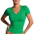 thumbnail image 2 of Basic Womens V Neck Short Sleeve T Shirt Slim Fit Tees Summer Y2k Going Out Fitted Tops Tight Shirts Green 2XL, 2 of 7