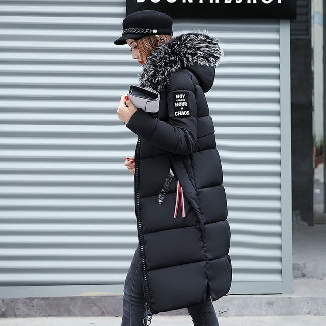 Abrigo acolchado de algodón Chaqueta de mujer de largo medio con relleno de algodón y plumón, chaqueta de invierno con cuello de piel por encima de la rodilla y acolchado de algodón