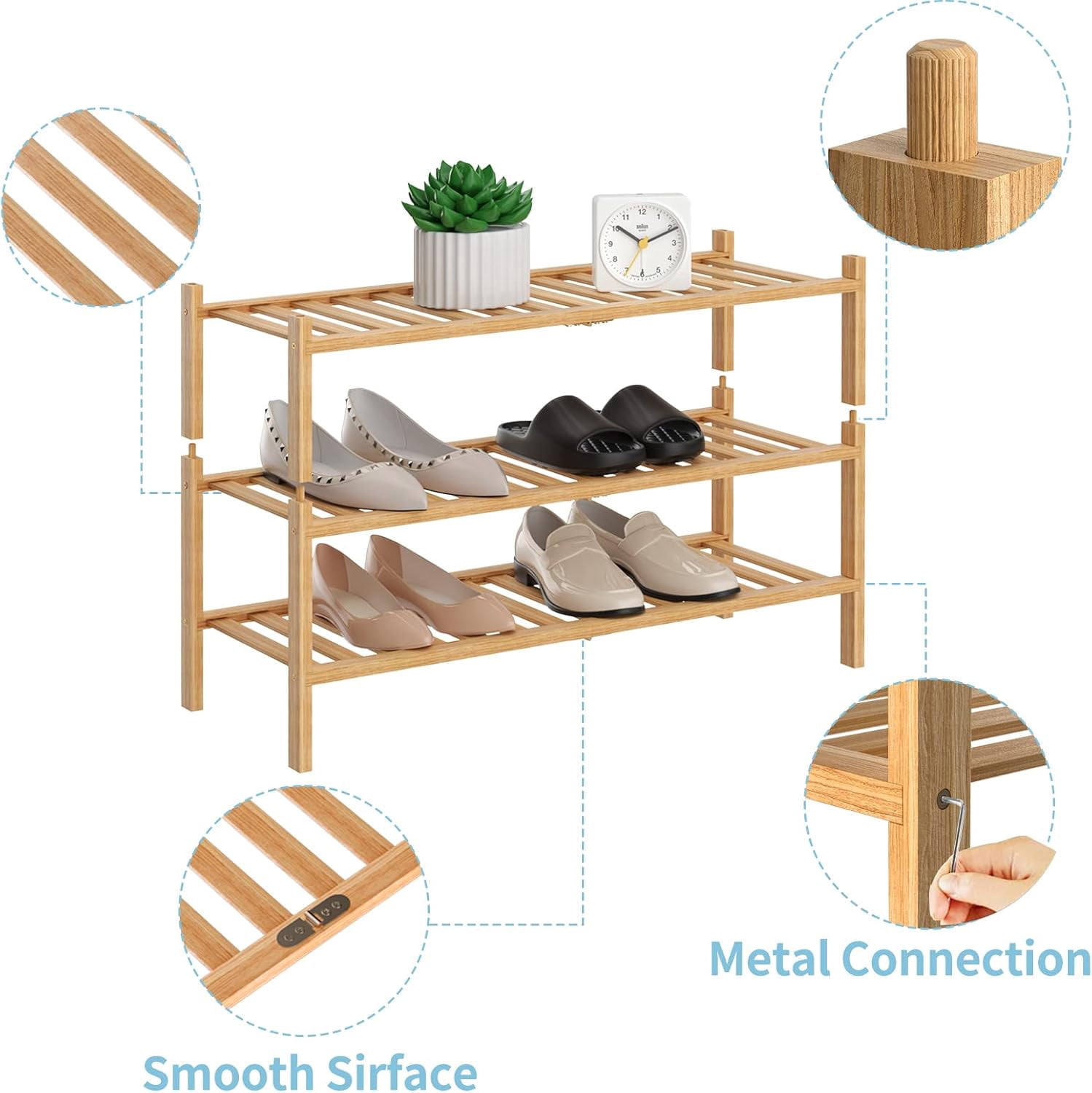 Bamboo 3 Tier Shoe Rack Wood Shoe Shelf Storage Organizer for Closet, Entryway, Small Space & Front Door Entrance Free Standing Stackable 27"x11"x20" (68.58cm x 27.94cm x 50.8cm) (Natural)