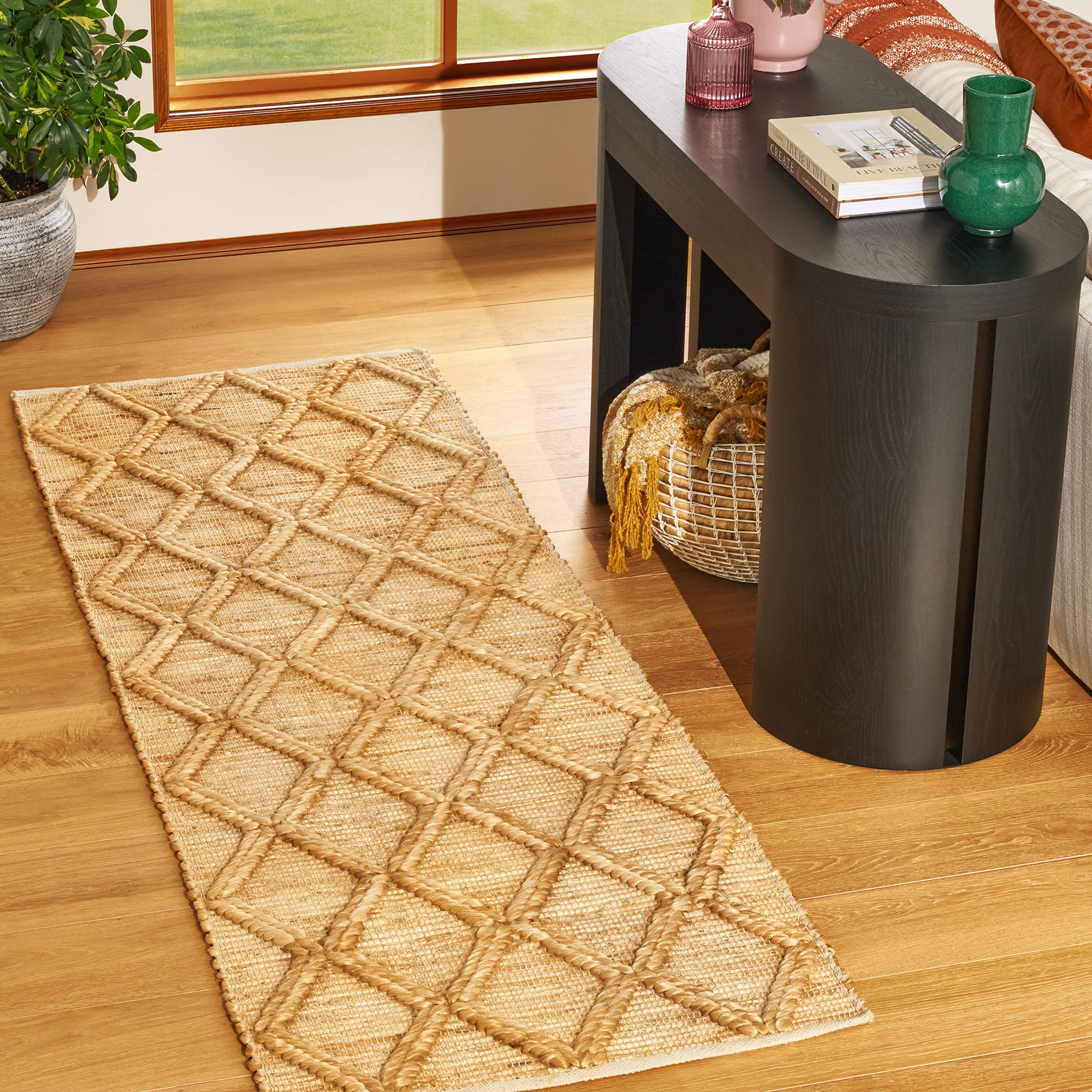 Beautiful Natural Jute Trellis Diamond Indoor Rug Runner by Drew Barrymore, 2.5' x 7'