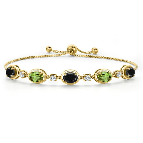 Gem Stone King 18K Yellow Gold Plated Silver Black Sapphire and Green Peridot Bracelet for Women | 5.10 Cttw | Gemstone September Birthstone | Oval 7X5MM | Fully Adjustable 9 inch