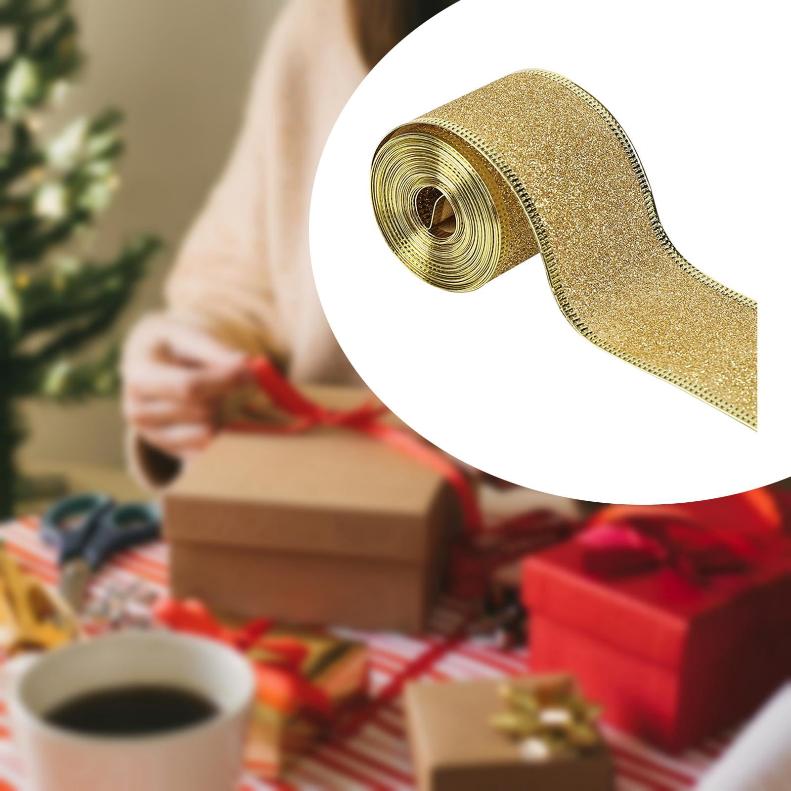 S SERENABLE 4x2inch x 90 Yards Christmas Wired Edge Ribbon Flexible for Christmas Projects Golden