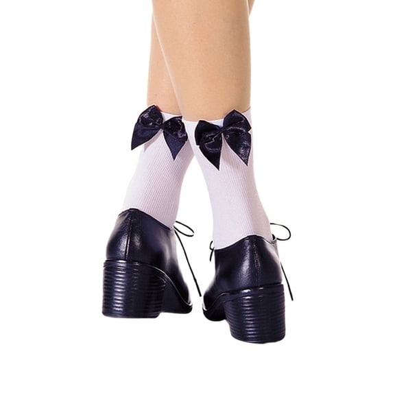 Music Legs Women's Opaque Anklet With Bow, School Girl Socks 542-WHI/BLK