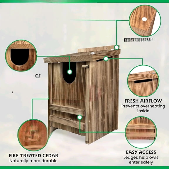 Fire-Treated Cedar Owl House – 14" x 9" x 9" All-Season Nesting Box for Screech, Kestrel & More – Durable, Weatherproof & Easy to Install$$Garden & Patio
