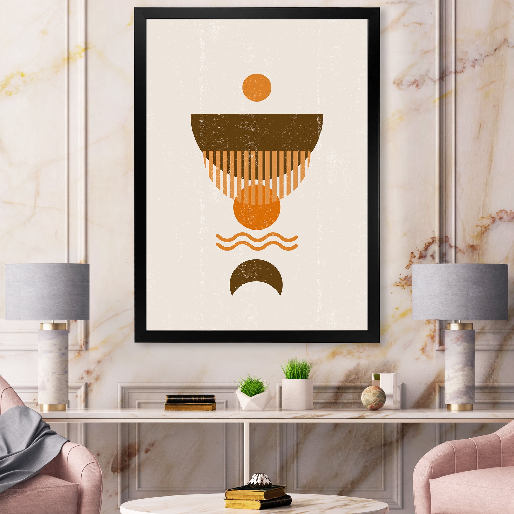 Designart 'Abstract Minimal Brown Moon and Orange Sun' Modern Framed Art Print