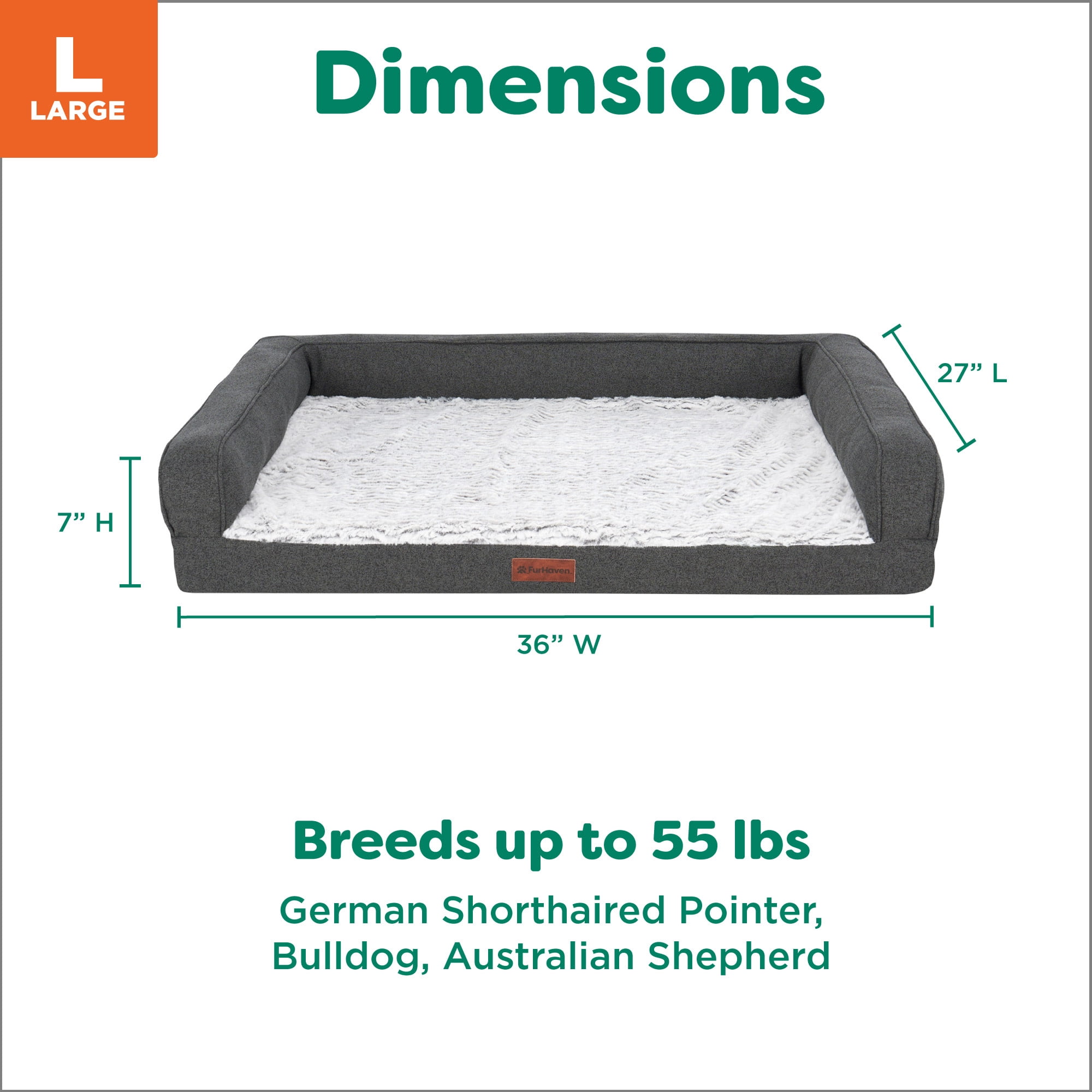 FurHaven Large (27"x36") Cooling Gel Dog Bed – Birch Faux Fur & Soft Faux Linen Modern Sofa Pet Bed, Orthopedic Foam, Removable Washable Cover, Charcoal