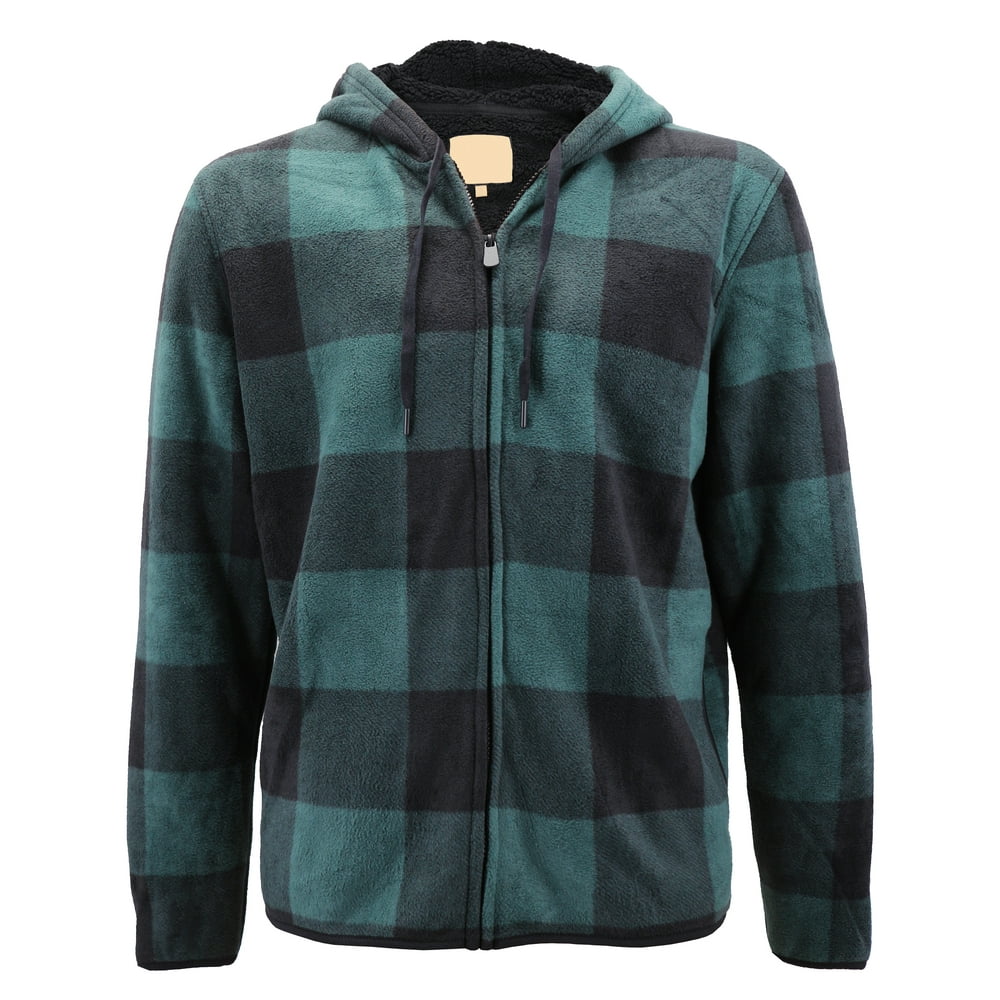 Men’s Fleece Zip Up Hooded Sweatshirt Plaid Soft Sherpa Lined ...