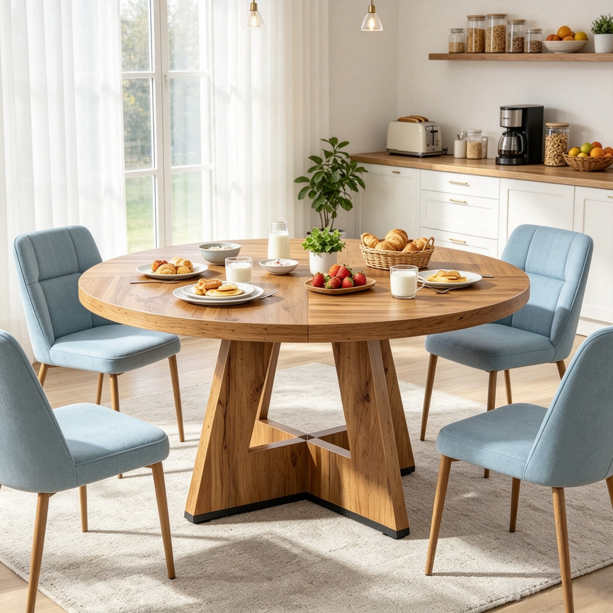 Round Farmhouse Dining Table, 47 in Diameter, Seats 4, Rustic Finish