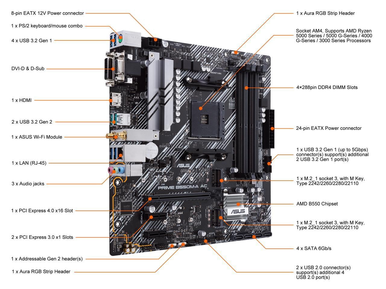 Asus Prime B550M-A AC Desktop Motherboard - AMD Chipset - Socket AM4 - Micro ATX