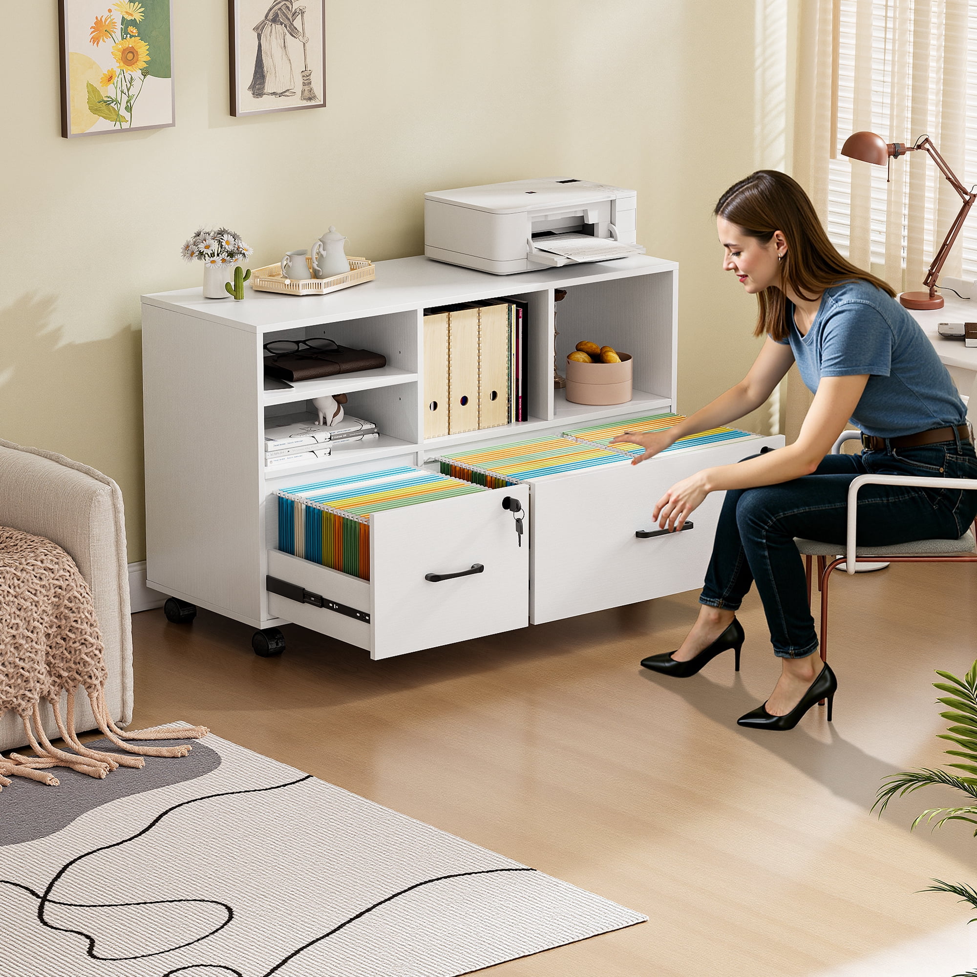 Modfurne Large Lateral File Cabinet with 2 Drawers, Wood Mobile Lockable Rolling Filing Cabinet, Printer Stand Office Storage Fits Files Legal/A4, White